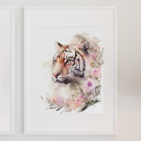 Floral Tiger Watercolor Wall Art Illustration Print Poster Card Unframed - Picture 3 of 6